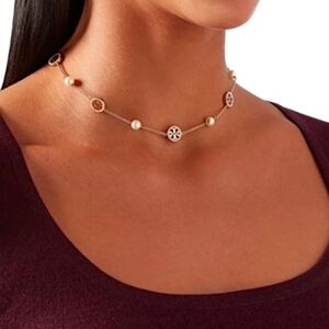 Tory Burch Pave Pearl Gold Toned Station Double T Logo Necklace